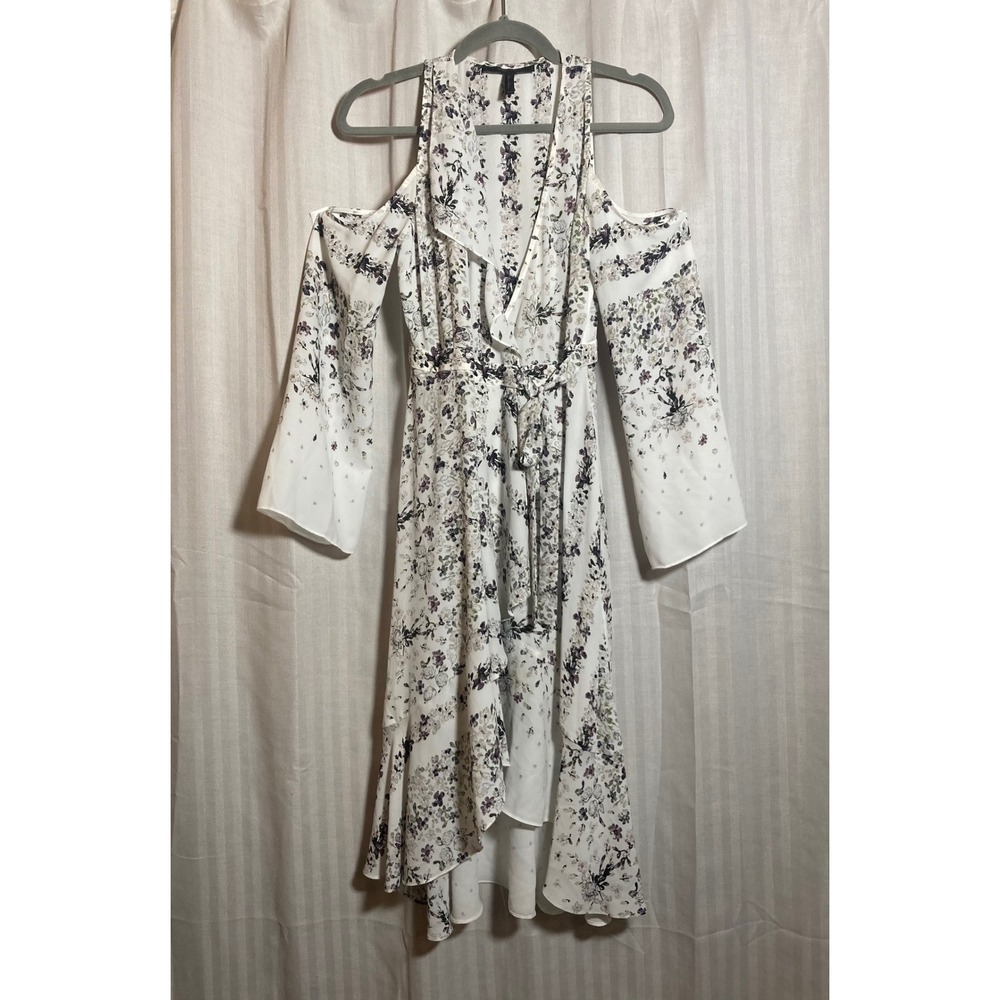 BCBGMAXAZRIA Leeam Floral Cold Shoulder High Low Wrap Dress White Purple XXS